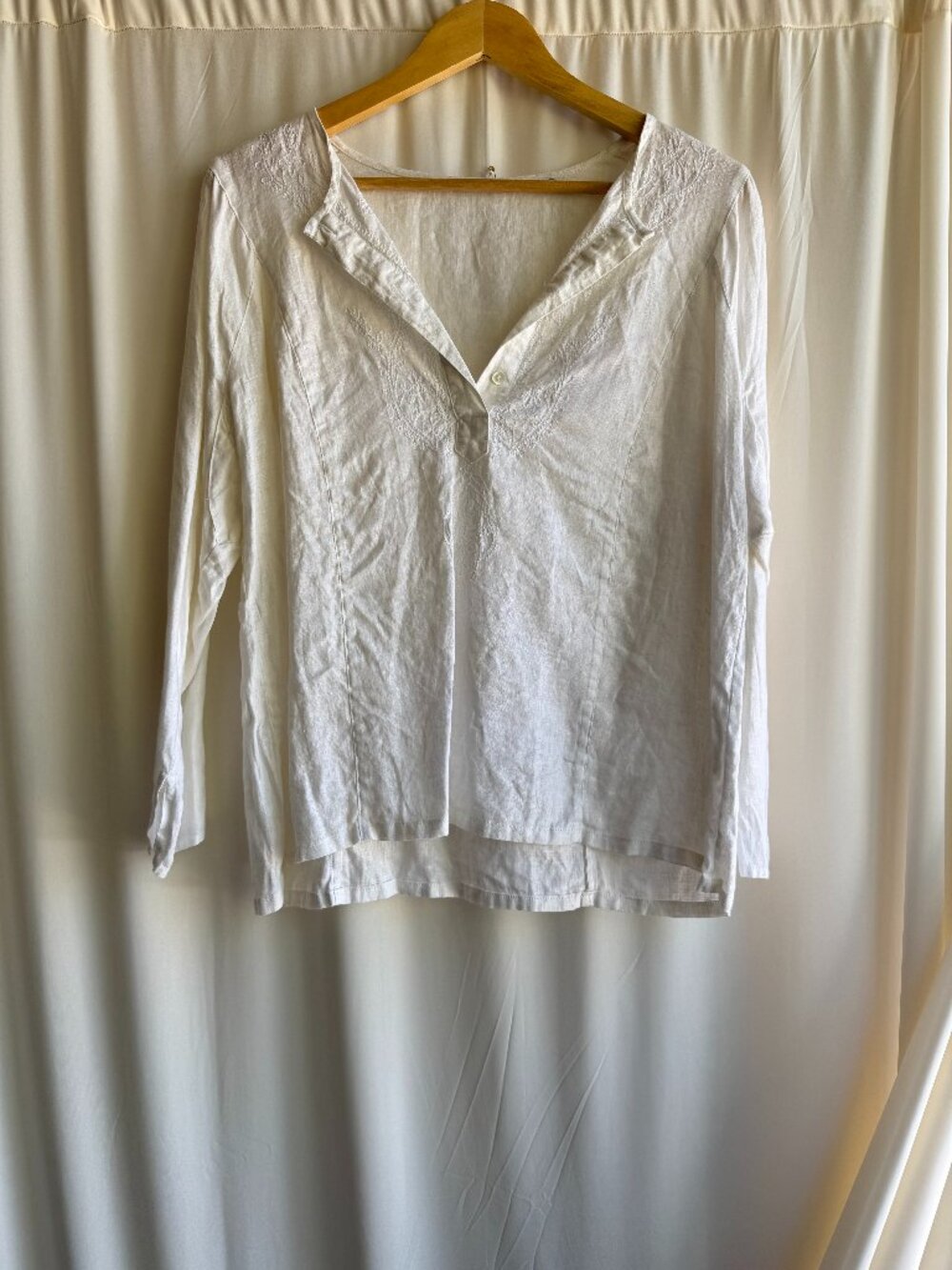 Vintage White Embroidered Linen Blend Tunic Top Boho Peasant Blouse